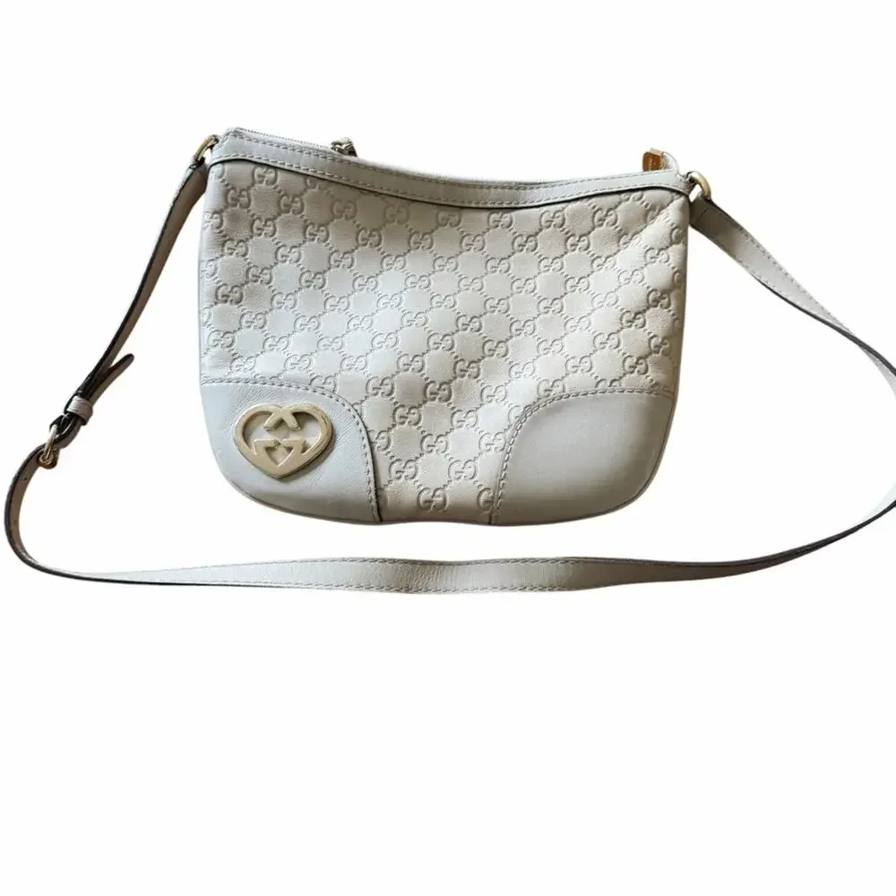 Gucci Cream Embossed GG Crossbody Bag with Gold-Tone Heart Logo